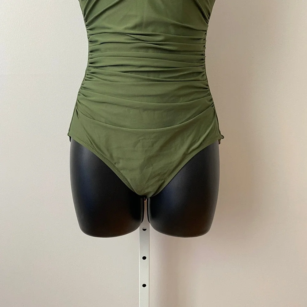 J. Crew Size 2 Olive Green One Piece Swimsuit Ruched V-Neck Swimwear